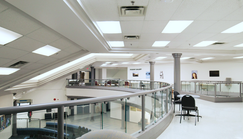 Second level open to atrium in center of King's.