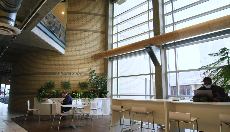 Open study space with furniture in the North Academic Building.