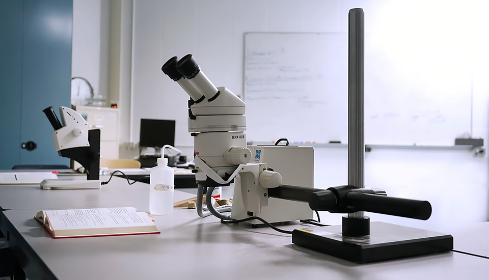 Lab counter with microscopes and other lab equipment.