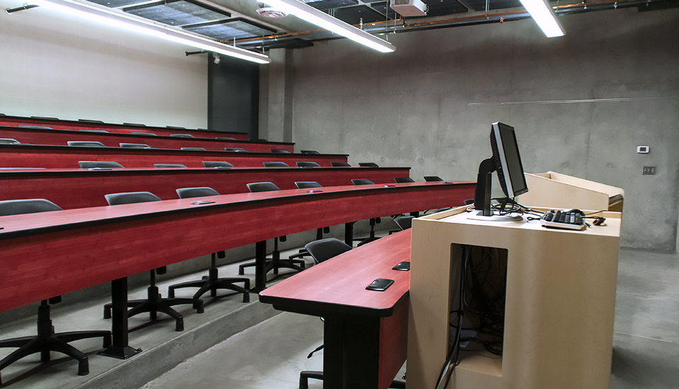 Large room with theater seating and desk space.