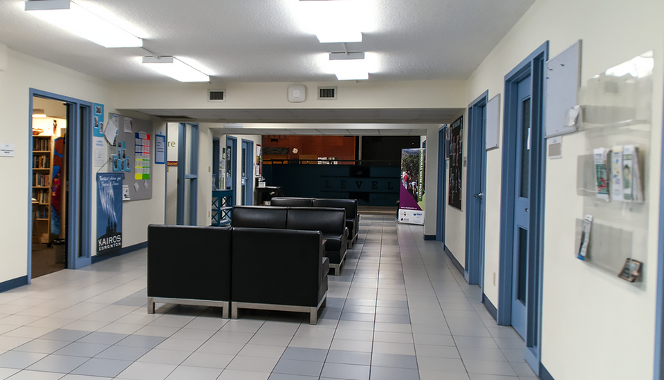 Hallway with student life offices on the way to the Level Coffee House.