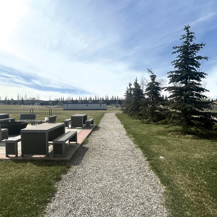 Picnic benches along the Community Trail