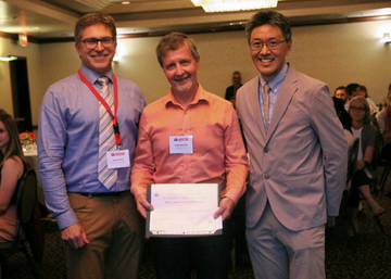 Left to right: past president of C3 Bruno Cinel (TRU), award winner Peter Mahaffy (King's), current president of C3 Jimmy Lowe (BCIT) Photo credit: Bill Blann