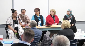 L to R: University of Alberta instructor Salima Versi, Rabbi Kliel Rose, Indigenous advisor Veronica Graff, Rev. Susan Oliver, and Nakita Valerio of the Alberta Muslim Public Affairs Council.